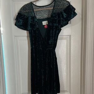 Lost + Wander Emerald Green Velvet Wrap Mini Dress with Lace Yoke